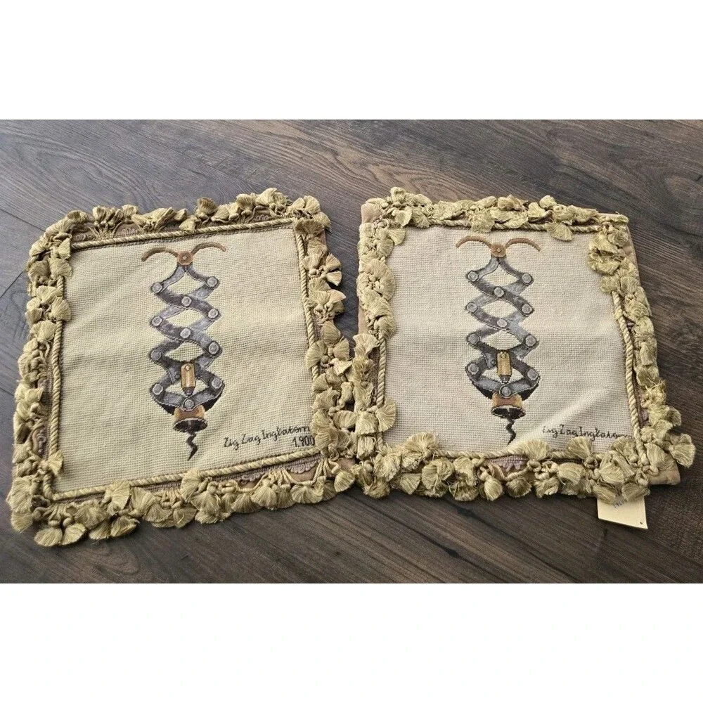 Pair HKH Wool Needlepoint Pillow Covers 14x14 New Vintage French Corkscrew Wine